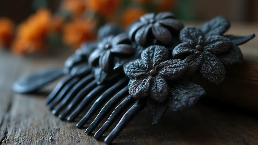 Black jet hair comb with floral carvings