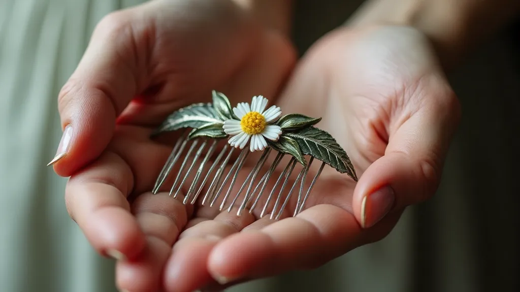 Vintage silver and enamel hair comb held in a hand