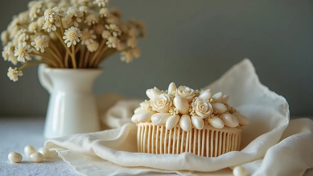 Vintage mother-of-pearl comb with silk and flowers