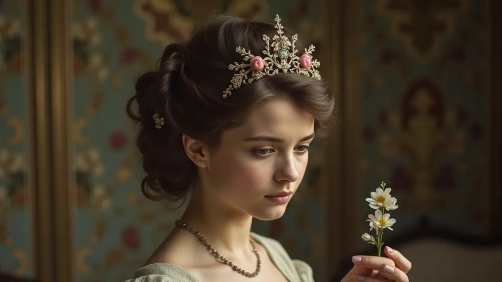 Victorian woman wearing a silver hair comb with roses and forget-me-nots