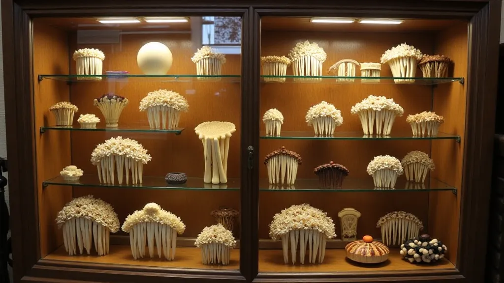 Vintage hair comb collection in a display case